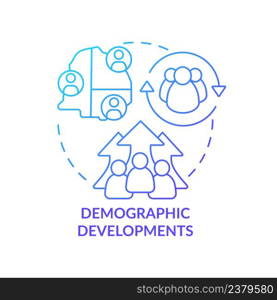 Demographic developments blue gradient concept icon. Population change. Social planning example abstract idea thin line illustration. Isolated outline drawing. Myriad Pro-Bold fonts used. Demographic developments blue gradient concept icon