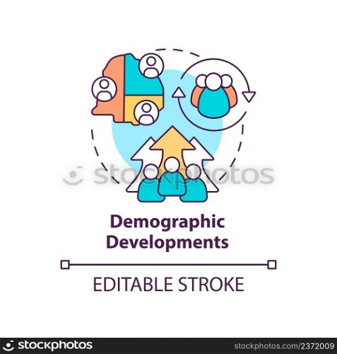 Demographic developments concept icon. Population change. Social planning example abstract idea thin line illustration. Isolated outline drawing. Editable stroke. Arial, Myriad Pro-Bold fonts used. Demographic developments concept icon