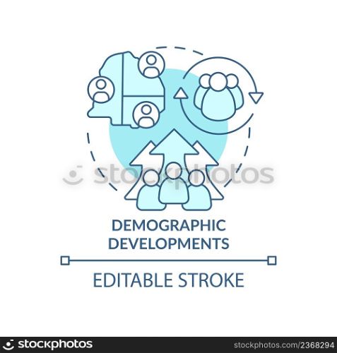 Demographic developments turquoise concept icon. Population change. Social planning abstract idea thin line illustration. Isolated outline drawing. Editable stroke. Arial, Myriad Pro-Bold fonts used. Demographic developments turquoise concept icon