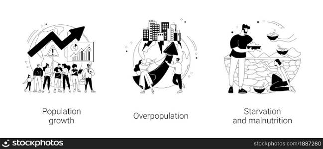 Demographics abstract concept vector illustration set. Population growth, overpopulation, starvation and malnutrition, human quantity growth, hunger and lack of food, urbanization abstract metaphor.. Demographics abstract concept vector illustrations.