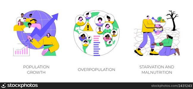 Demographics abstract concept vector illustration set. Population growth, overpopulation, starvation and malnutrition, human quantity growth, hunger and lack of food, urbanization abstract metaphor.. Demographics abstract concept vector illustrations.