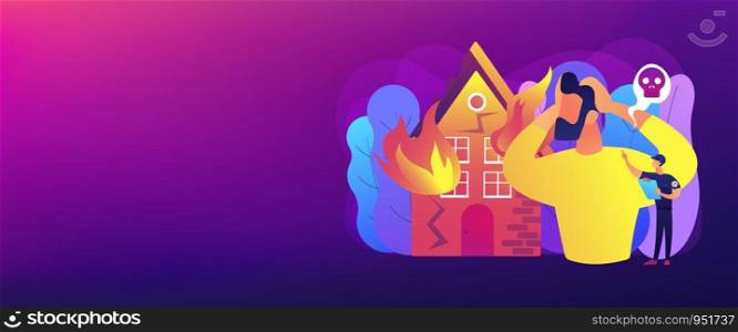 Demolished house in flame, natural disaster. Uninsured burnt property damages. Fire consequences, fire hazards losses, fire victims found concept. Header or footer banner template with copy space.. Fire consequences concept banner header.