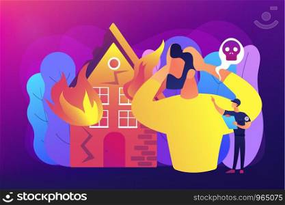 Demolished house in flame, natural disaster. Uninsured burnt property damages. Fire consequences, fire hazards losses, fire victims found concept. Bright vibrant violet vector isolated illustration