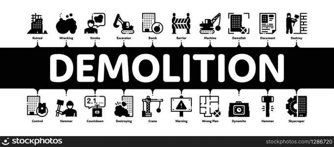 Demolition Building Minimal Infographic Web Banner Vector. Crane With Wrecking Ball And Fence, Hammer And Dynamite Construction Demolition Illustrations. Demolition Building Minimal Infographic Banner Vector