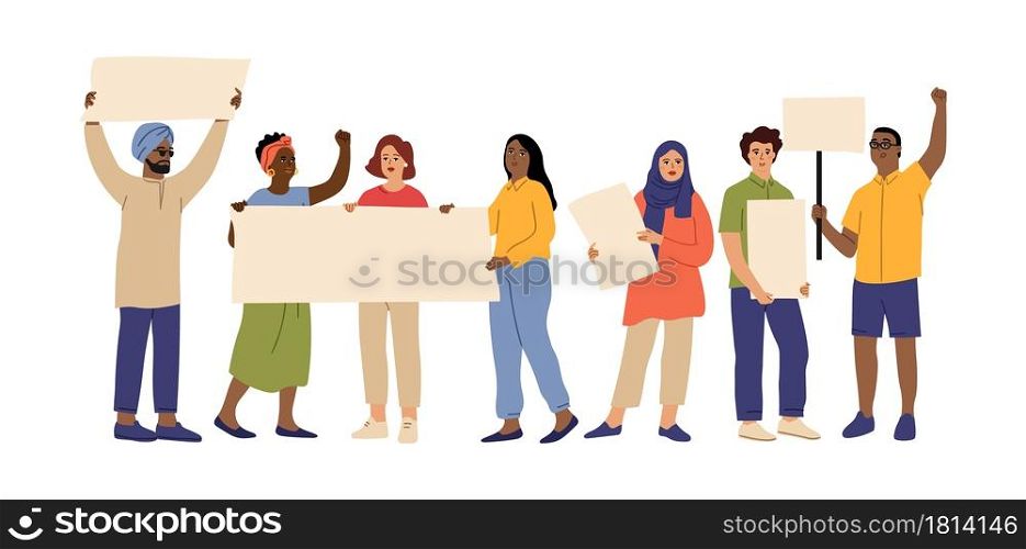Demonstration. Interracial rights manifestation, men women protesting power. Isolated activists blank placard vector concept. Illustration protesting and manifestation right, interracial picket. Demonstration. Interracial rights manifestation, men women protesting power. Isolated activists group holding blank placard vector concept