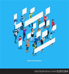 Demonstration Isometric Template. Demonstration isometric template with group of people holding placards and signboards isolated vector illustration