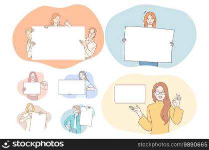 Demonstration, promotion, advertisement concept. Young positive cartoon characters holding and pointing with fingers at white blank placard with copy space for text and advertising isolated over white. Demonstration, promotion, advertisement concept