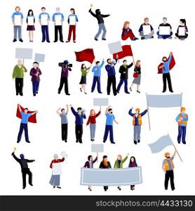 Demonstration Protest People Icons Set. Demonstration protest people holding megaphones flags and placards on white background flat isolated vector illustration