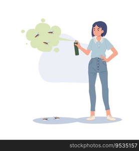  Dengue Fever Prevention concept. Mosquito Protection.   Woman Eliminating Insects with Spray. Flat vector cartoon illustration