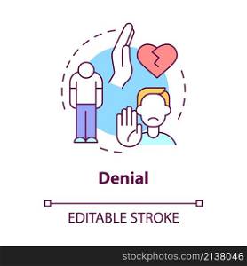 Denial concept icon. Relationship ending. Stage of divorce abstract idea thin line illustration. Isolated outline drawing. Editable stroke. Roboto-Medium, Myriad Pro-Bold fonts used. Denial concept icon