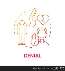 Denial red gradient concept icon. Disagree with relationship ending. Stage of divorce abstract idea thin line illustration. Isolated outline drawing. Roboto-Medium, Myriad Pro-Bold fonts used. Denial red gradient concept icon
