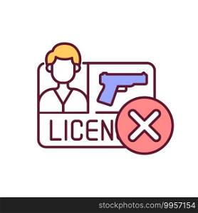 Denied license for guns RGB color icon. Weapon regulation. Violence prevention. Legislation for handgun. Laws for gun control. Restriction for shooting weapon ownership. Isolated vector illustration. Denied license for guns RGB color icon
