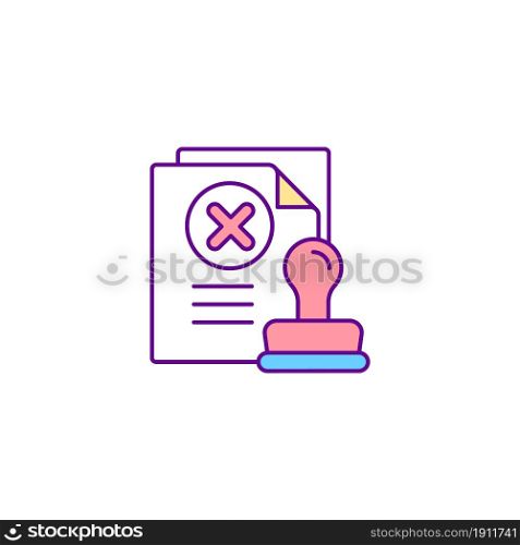 Denied visa RGB color icon. Rejected documents. Illegal papers. Notification of refusal on sheets. Denied warranty. Official control. Isolated vector illustration. Simple filled line drawing. Denied visa RGB color icon