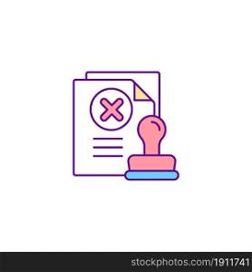 Denied visa RGB color icon. Rejected documents. Illegal papers. Notification of refusal on sheets. Denied warranty. Official control. Isolated vector illustration. Simple filled line drawing. Denied visa RGB color icon