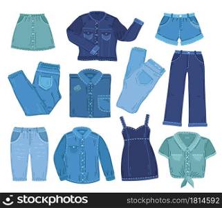 Denim clothes. Fashion jeans clothing, isolated jacket pants shirt. Overall outfit, blue fabric summer mini skirt exact vector collection. Denim wear jeans, clothes and shorts illustration. Denim clothes. Fashion jeans clothing, isolated jacket pants shirt. Overall outfit, blue fabric summer mini skirt exact vector collection