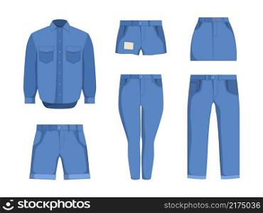 Denim clothes. Jeans textile pants jackets outfit fashion for male and female casually teenage clothes with labels vector illustrations set isolated. Jeans denim wear, casual textile jacket and pants. Denim clothes. Jeans textile pants jackets outfit fashion for male and female casually teenage clothes with labels garish vector illustrations set isolated