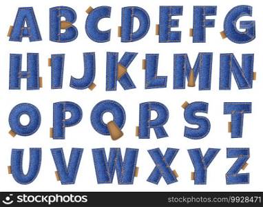 Denim font. Blue jeans textile english alphabet, comic textured fabric typography collection, casual clothes letters design with orange seams and leather tags, indigo colors. Vector isolated set. Denim font. Jeans textile english alphabet, comic textured fabric typography, casual clothes letters design with orange seams and leather tags, indigo colors. Vector isolated set