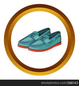Denim loafers vector icon in golden circle, cartoon style isolated on white background. Denim loafers vector icon