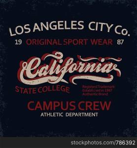 Denim typography, California t-shirt graphics, vintage sport wear tee print design. Denim typography, t-shirt graphics