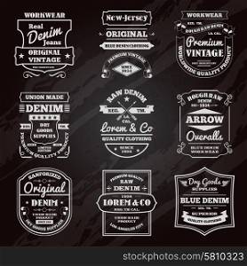 Denim typography chalkboard emblems set. Classical denim jeans black chalkboard typography emblems limited edition graphic design icons collection abstract isolated vector illustration