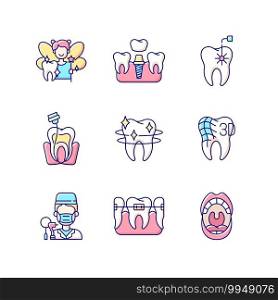 Denistry RGB color icons set. Instruments for dental treatment. Dental Implants Procedure. Professional dental occupation. Teeth cleaning. Pediatric dentistry. Isolated vector illustrations. Denistry RGB color icons set