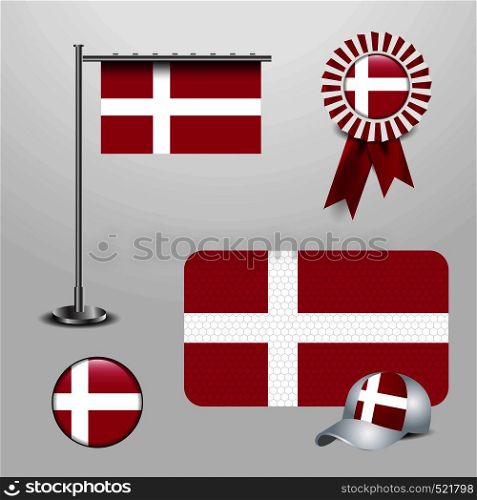 Denmark Country Flag haning on pole, Ribbon Badge Banner, sports Hat and Round Button. Vector EPS10 Abstract Template background