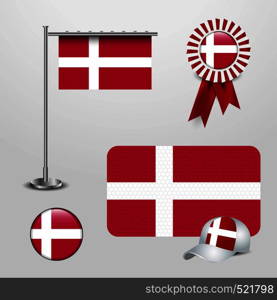 Denmark Country Flag haning on pole, Ribbon Badge Banner, sports Hat and Round Button. Vector EPS10 Abstract Template background