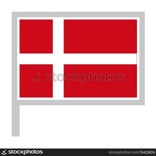 Denmark flag on flagpole, rectangular shape icon on white background, vector illustration.. flag on flagpole, rectangular shape icon on white background, vector illustration.