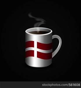 Denmark Flag Printed on Hot Coffee Cup. Vector EPS10 Abstract Template background