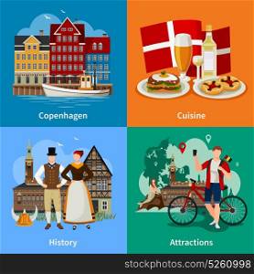 Denmark Flat Style Concept. Denmark flat style concept with copenhagen traditional cuisine history and national clothing attractions isolated vector illustration
