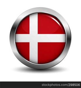 Denmark icon silver glossy badge button with Danish flag and shadow vector EPS 10 illustration on white background.