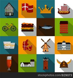 Denmark travel icons set. Flat illustration of 16 Denmark travel vector icons for web. Denmark travel icons set, flat style