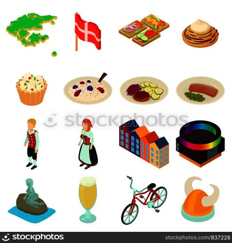 Denmark travel icons set. Isometric illustration of 16 Denmark travel vector icons for web. Denmark travel icons set, isometric style