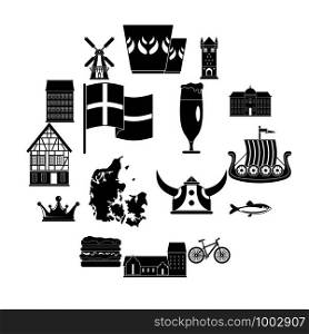 Denmark travel icons set. Simple illustration of 16 Denmark travel vector icons for web. Denmark travel icons set, simple style