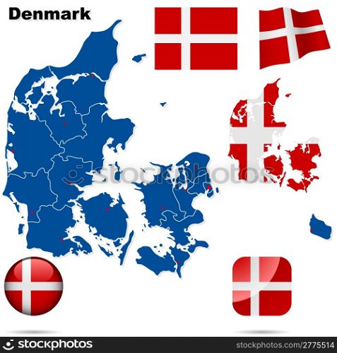 Denmark vector set. Detailed country shape with region borders, flags and icons isolated on white background.