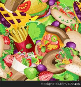 Dense vector seamless pattern. Diverse international colorful appetizing fast food