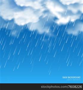 Dense white sun lighted clouds producing pouring rain closeup realistic image against blue sky background vector illustration