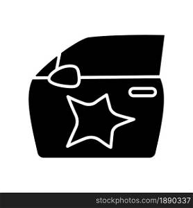 Dent on car side black glyph icon. Vehicle collision. Minor damage to automobile. Road incident. Scratch on door. Auto body damage. Silhouette symbol on white space. Vector isolated illustration. Dent on car side black glyph icon