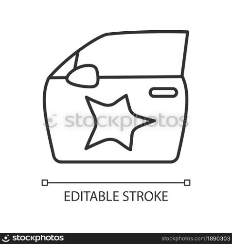 Dent on car side linear icon. Vehicle collision. Minor damage to automobile. Road incident. Thin line customizable illustration. Contour symbol. Vector isolated outline drawing. Editable stroke. Dent on car side linear icon