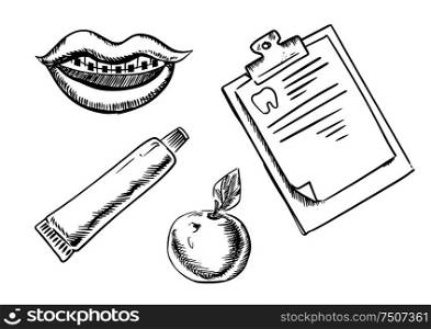 Dental and hygiene sketch icons with braces on teeth, tube of toothpaste, fresh apple and clipboard with medical form. Dental and hygiene sketch icons
