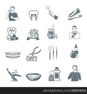 Dental Black Icons Set. Black icons set of instruments for dental treatment and teeth care products flat isolated vector illustration