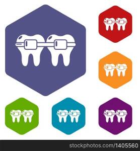 Dental brace icons vector colorful hexahedron set collection isolated on white. Dental brace icons vector hexahedron