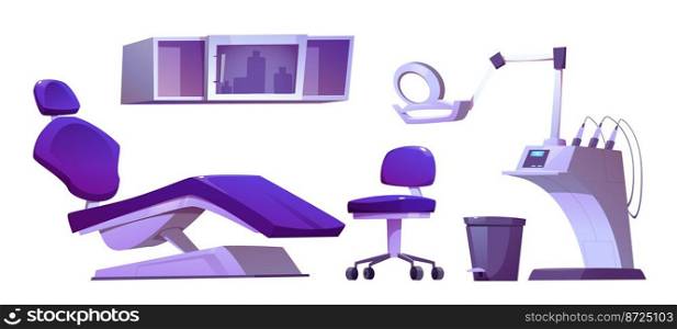 Dental cabinet interior staff, items and instruments isolated set. Dentist chair, l&and drilling machine. Modern clinic medical tools and equipment for teeth treatment, Cartoon vector illustration. Dental cabinet interior staff and instruments set