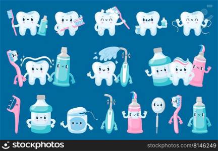 Dental care characters. Tooth toothbrush toothpaste dental floss cute cartoon mascots for dentistry and pediatric posters. Vector mouthwash and healthcare concept set. Funny character faces. Dental care characters. Tooth toothbrush toothpaste dental floss cute cartoon mascots for dentistry and pediatric posters. Vector mouthwash and healthcare concept set