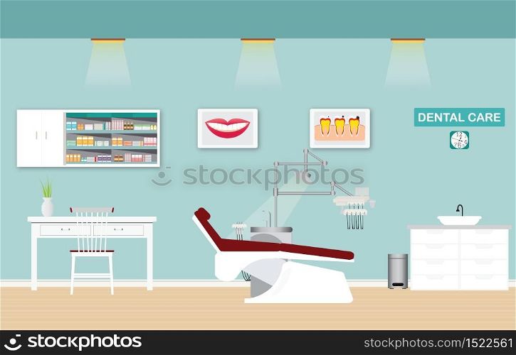 Dental care clinic or dentist office interior with medical dental arm-chair, table and poster, vector illustration.