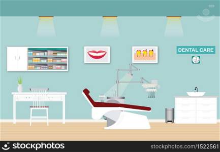 Dental care clinic or dentist office interior with medical dental arm-chair, table and poster, vector illustration.