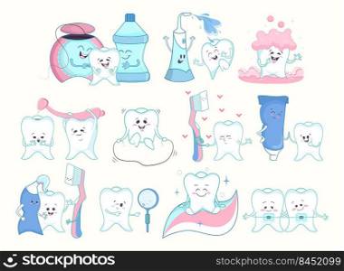 Dental care collection. Tooth, toothpaste, floss, dentist tools cartoon characters with faces and emotions isolated on white. Vector illustration for cavity, teeth care, oral hygiene concept