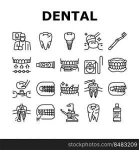 dental care dentist tooth implant icons set vector. dentistry health, medical oral clinic, toothpaste toothbrush, teeth doctor, medicine dental care dentist tooth implant black contour illustrations. dental care dentist tooth implant icons set vector