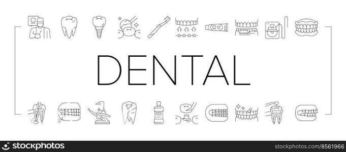 dental care dentist tooth implant icons set vector. dentistry health, medical oral clinic, toothpaste toothbrush, teeth doctor, medicine dental care dentist tooth implant black contour illustrations. dental care dentist tooth implant icons set vector