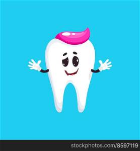 Dental care emblem, tooth happy emoticon with toothpaste, whitening and toothache, healthy oral smile, enamel teeth icon. Vector funny tooth cartoon character, dentistry clinic superhero. Tooth emoticon with toothpaste cartoon character